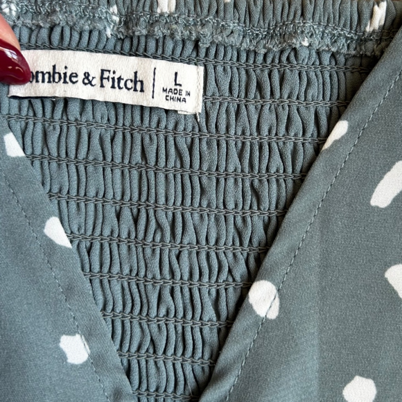 Abercrombie & Fitch Midi Printed Sage Slate Green Dress Smocked Slit Size L - Picture 7 of 8